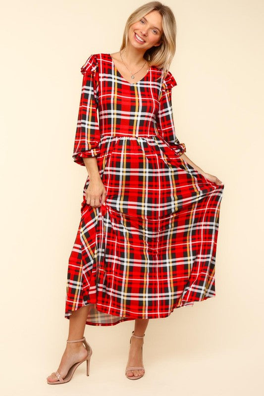 Haptics Red Plaid Ruffle Detail Fit & Flare Midi Dress Haptics