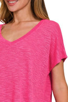 Zenana Hot Pink Hacci Slub V-neck Drop Shoulder Crop Top