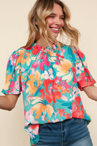 Haptics Perfectly You Mint Big Floral Frill Neck Back Button Blouse