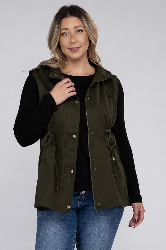 Zenana Plus Drawstring Waist Military Hoodie Vest ZENANA