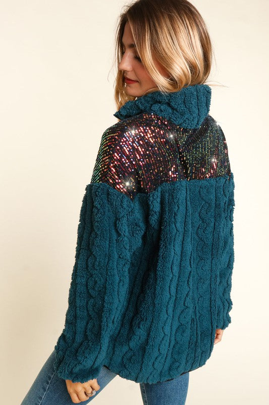 Haptics Teal Sequin & High Neck Sherpa Half Zip Pullover Sweater Sweater