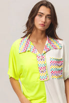BiBi Neon Yellow Color Block Knit with Multi Checker Contrast Top