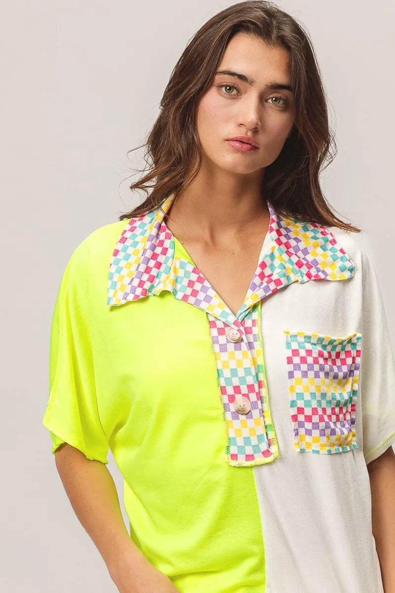 BiBi Neon Yellow Color Block Knit with Multi Checker Contrast Top