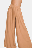 Zenana Pleated Linen Blend Wide Leg Pants in Dark Brush Trendsi