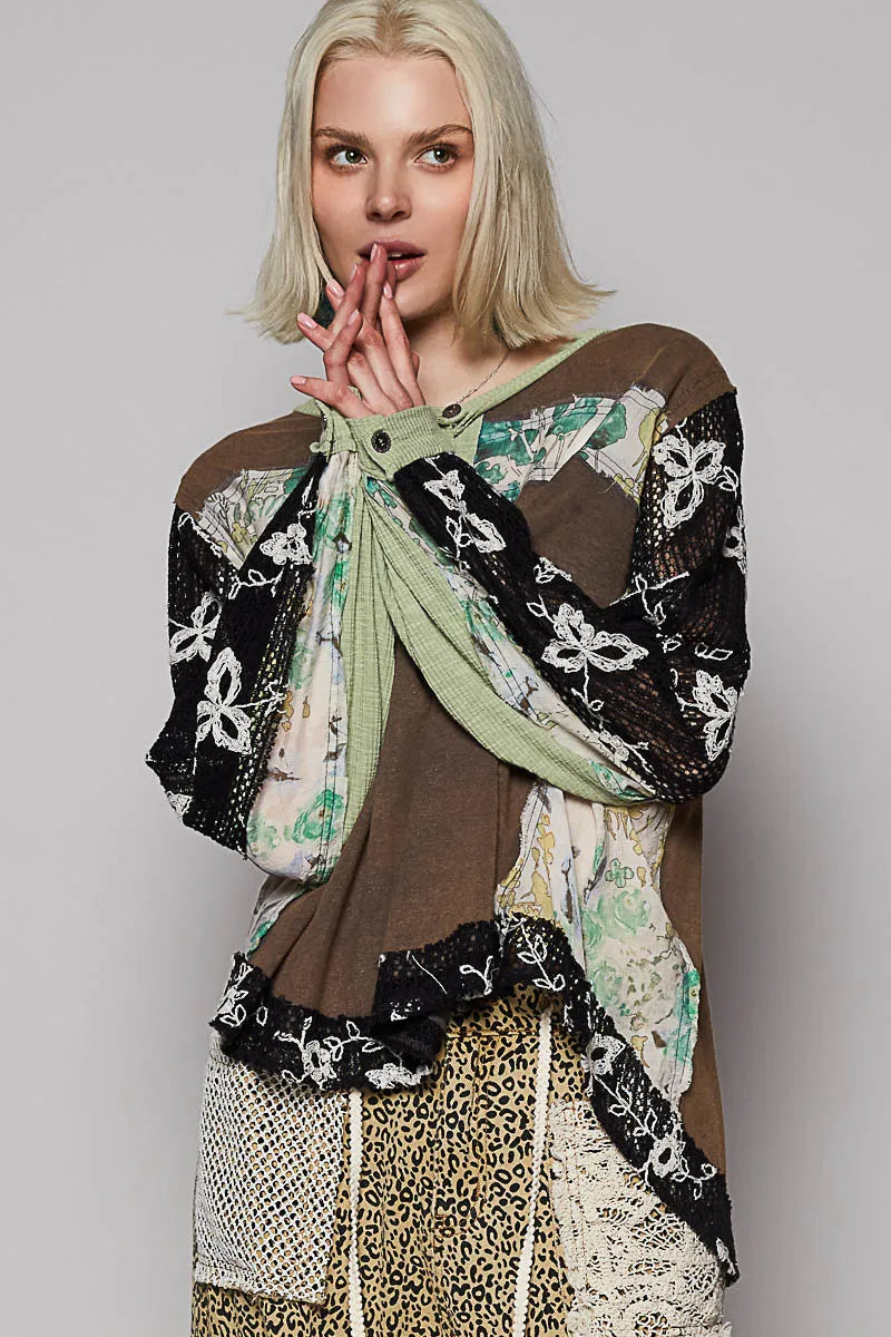 POL Button Detail Floral Patchwork Crochet Sleeve Blouse CHARCOAL