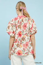 Umgee Coral Mix Floral Puff Sleeve Blouse