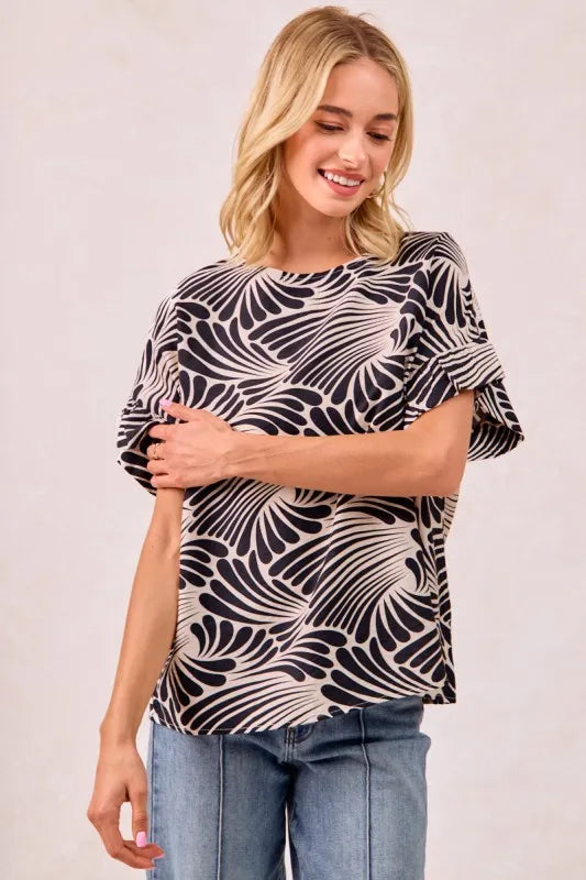 BiBi Black Print Woven Ruffled Sleeves Top