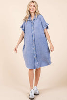 Mittoshop Blue Mineral Washed Cotton Gauze Mini Shirt Dress Trendsi