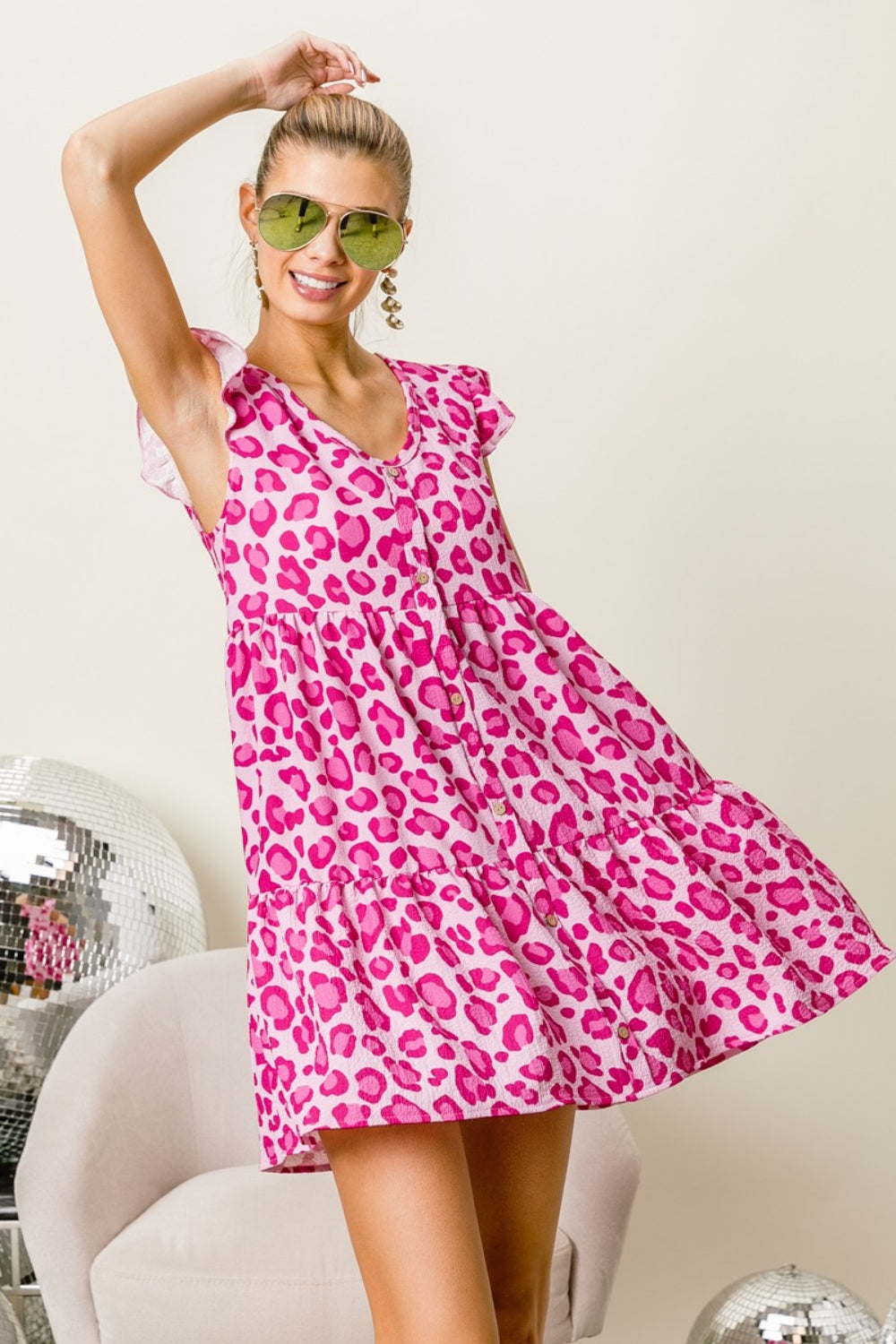 BiBi Pink Leopard Cap Sleeve Tiered Mini Dress Trendsi