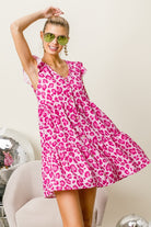 BiBi Pink Leopard Cap Sleeve Tiered Mini Dress Trendsi