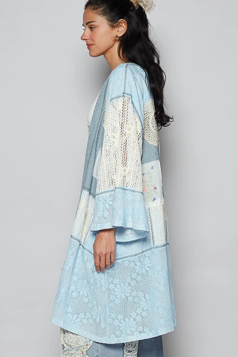 POL Sky Blue Double Gauze and Lace Mix Cardigan with Embroidered Detail