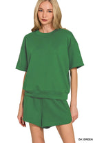 Zenana Dark Green Scuba Short Sleeve Top & Shorts Set DK GREEN