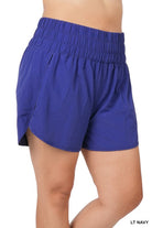 Plus Windbreaker Smocked Waistband Running Shorts LT NAVY 1X ZENANA