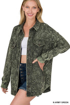 Zenana Mineral Washed Shacket N ARMY GREEN L Shirts & Tops