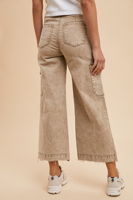 Annie Wear Washed Camel Raw Hem Wide Leg Jeans with Cargo Pockets