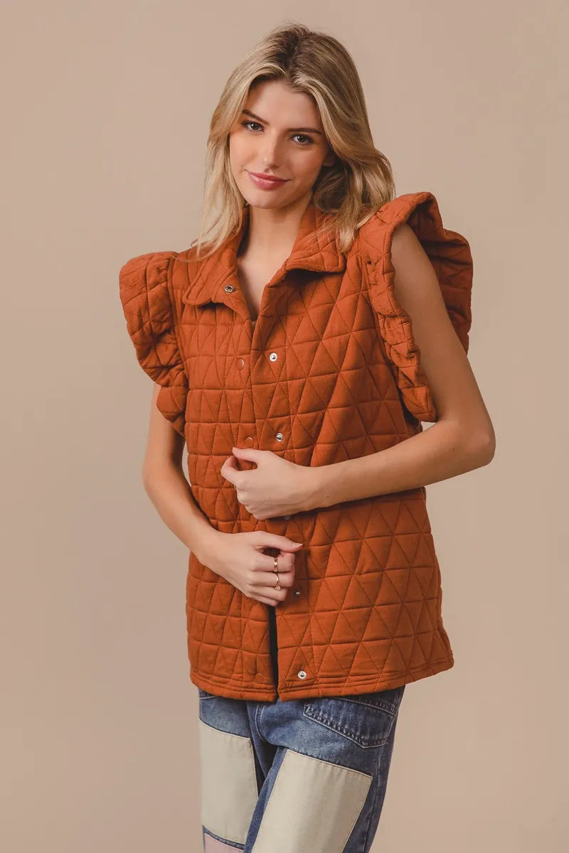 BiBi Rust Quilting Knit Ruffle Sleeve Vest