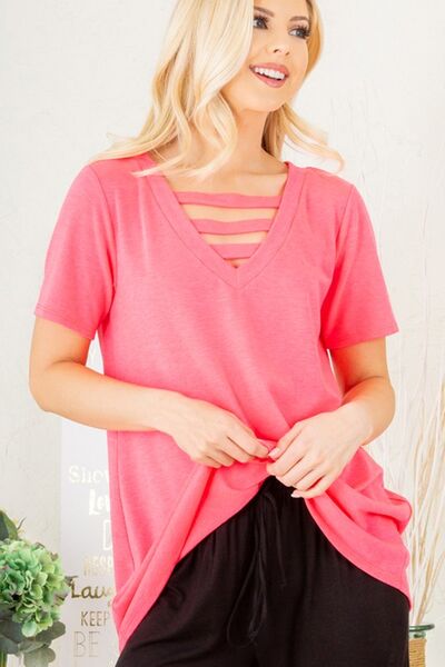 Heimish Hot Pink V-Neck Short Sleeve Top with Bar Detail