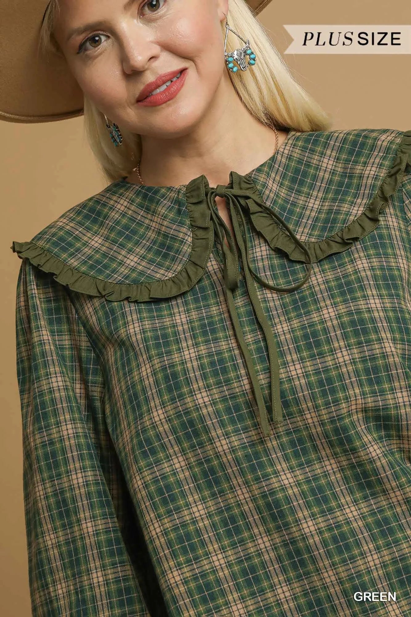 Umgee Green Plaid Ruffle Collar Blouse
