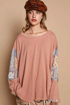 POL Coral Clay Round Neck Long Sleeve Roomy Fit Top with Stitch Detail