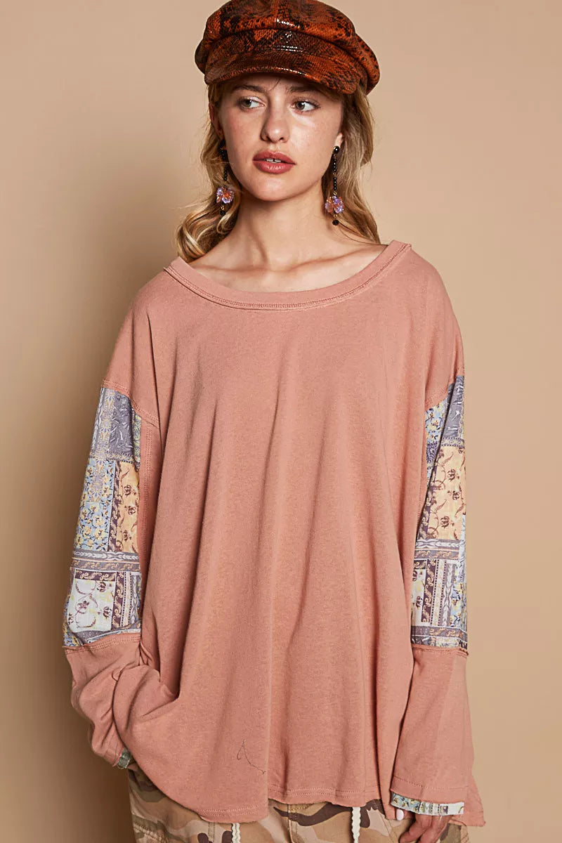 POL Coral Clay Round Neck Long Sleeve Roomy Fit Top with Stitch Detail