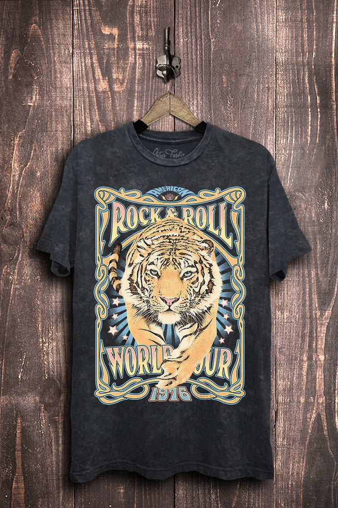 Lotus Fashion Black Mineral Wash Rock & Roll World Tour Tiger Graphic Top Black Mineral Wash Ruby Idol Apparel