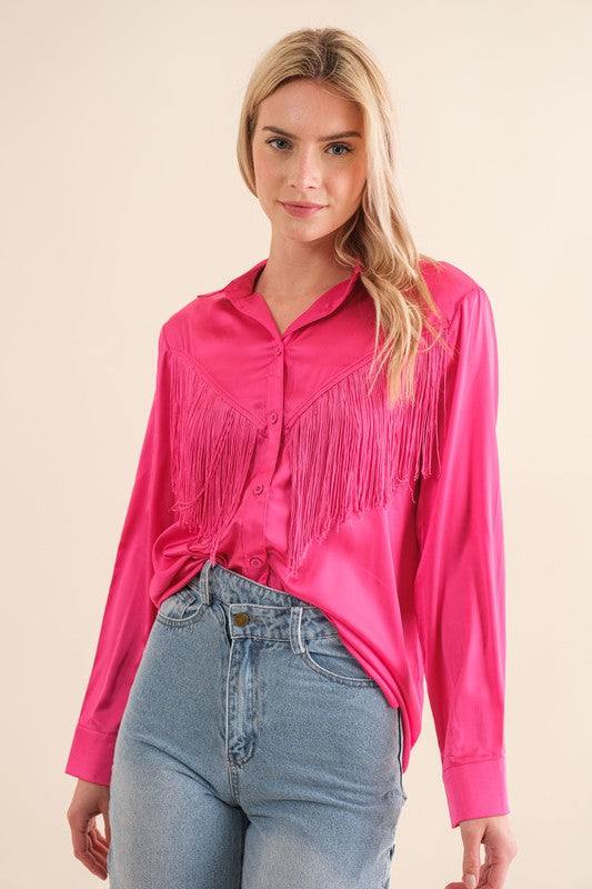 Blue B Western Satin Shirt Blouse with Chevron Fringe Hot Pink Blue B