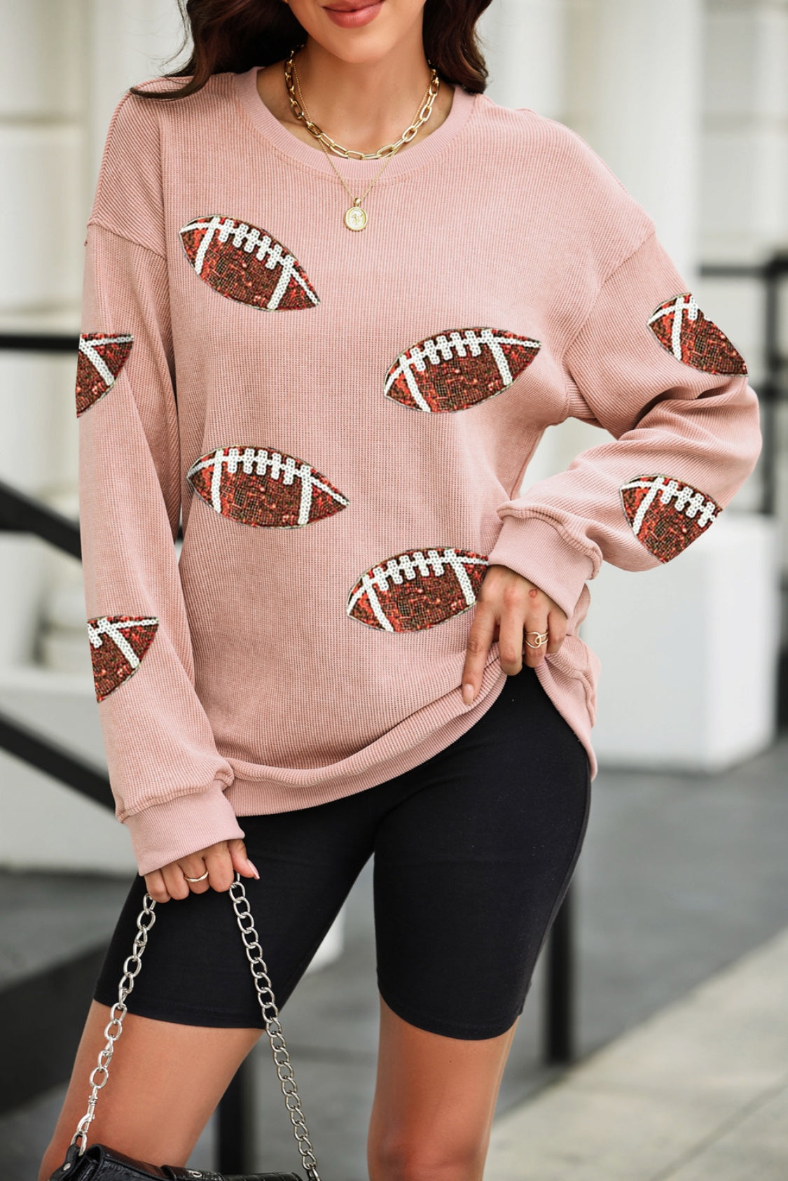 Preorder Ruby Idol Sequin Football Patch Corduroy Sweatshirt Trendsi