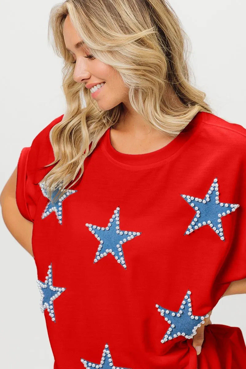 BiBi Red Beaded Stars Appliques Fourth Of July Terry T-Shirt