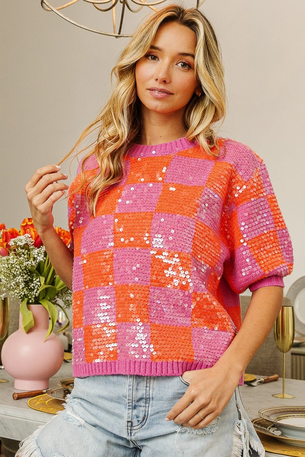 BiBi Pink & Orange Checkered Short Sleeve Sequin Sweater Trendsi