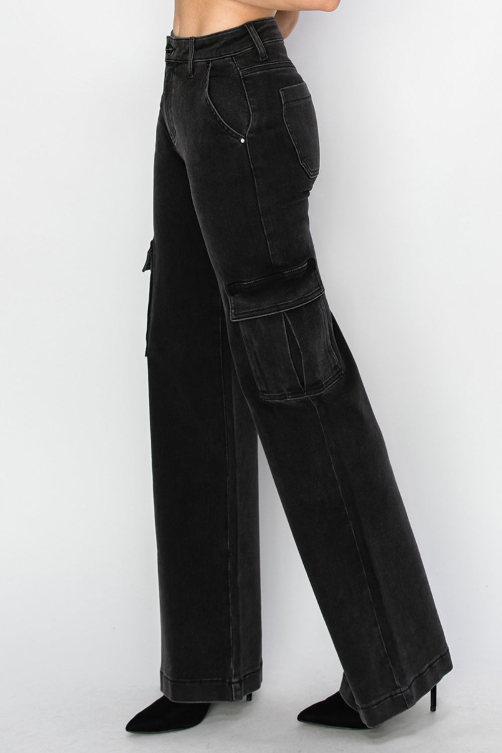 Risen Black High Rise Wide Leg Cargo Jeans Denim