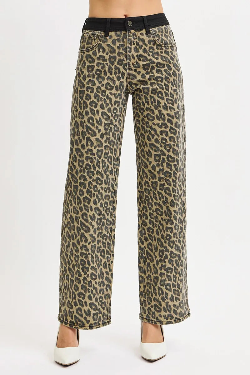 RISEN Coffee High Rise Wide Leg Leopard Printed Jeans with Contrast Waist Band Detail