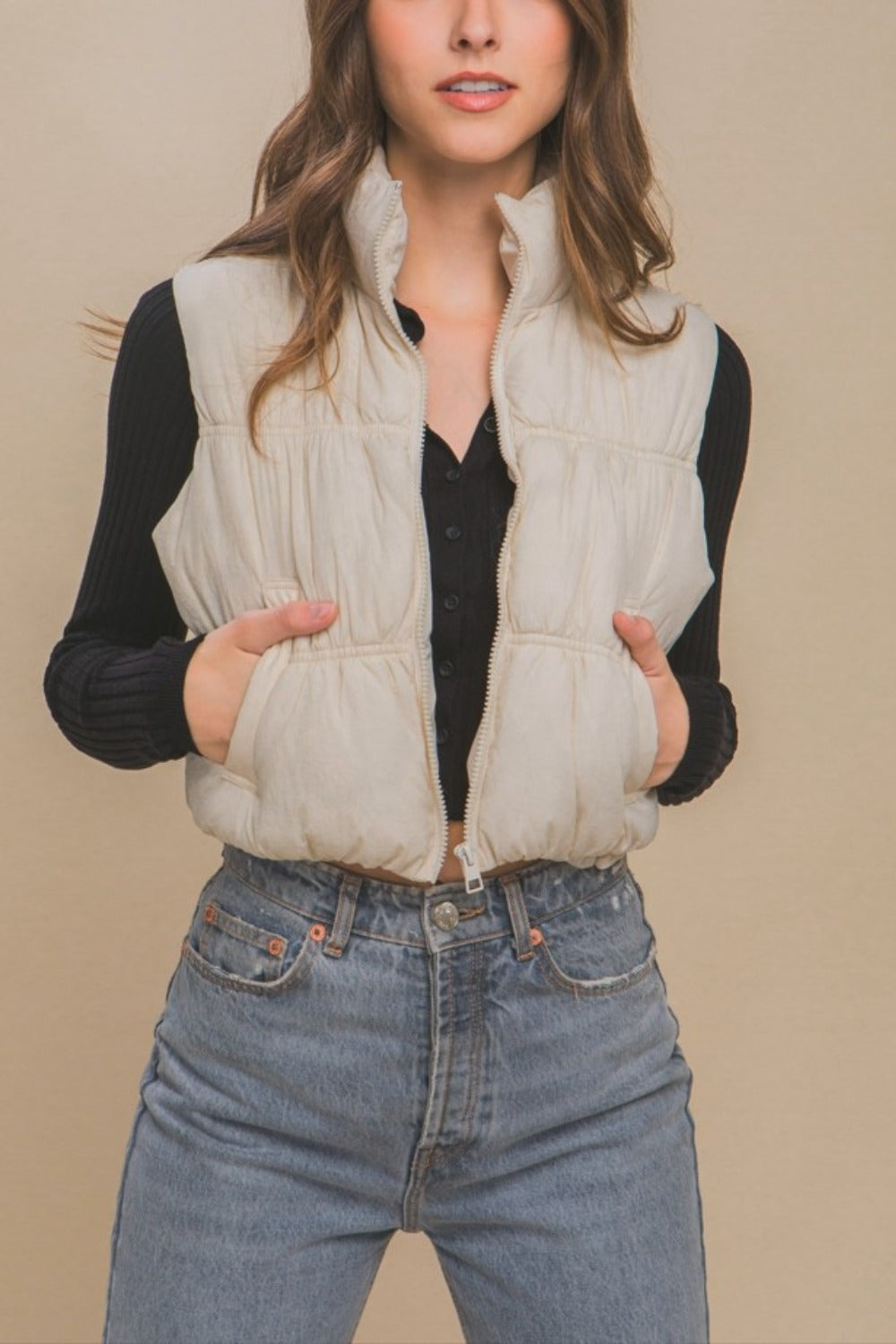 Love Tree Cream Zip Up Turtleneck Cropped Vest Coat Trendsi