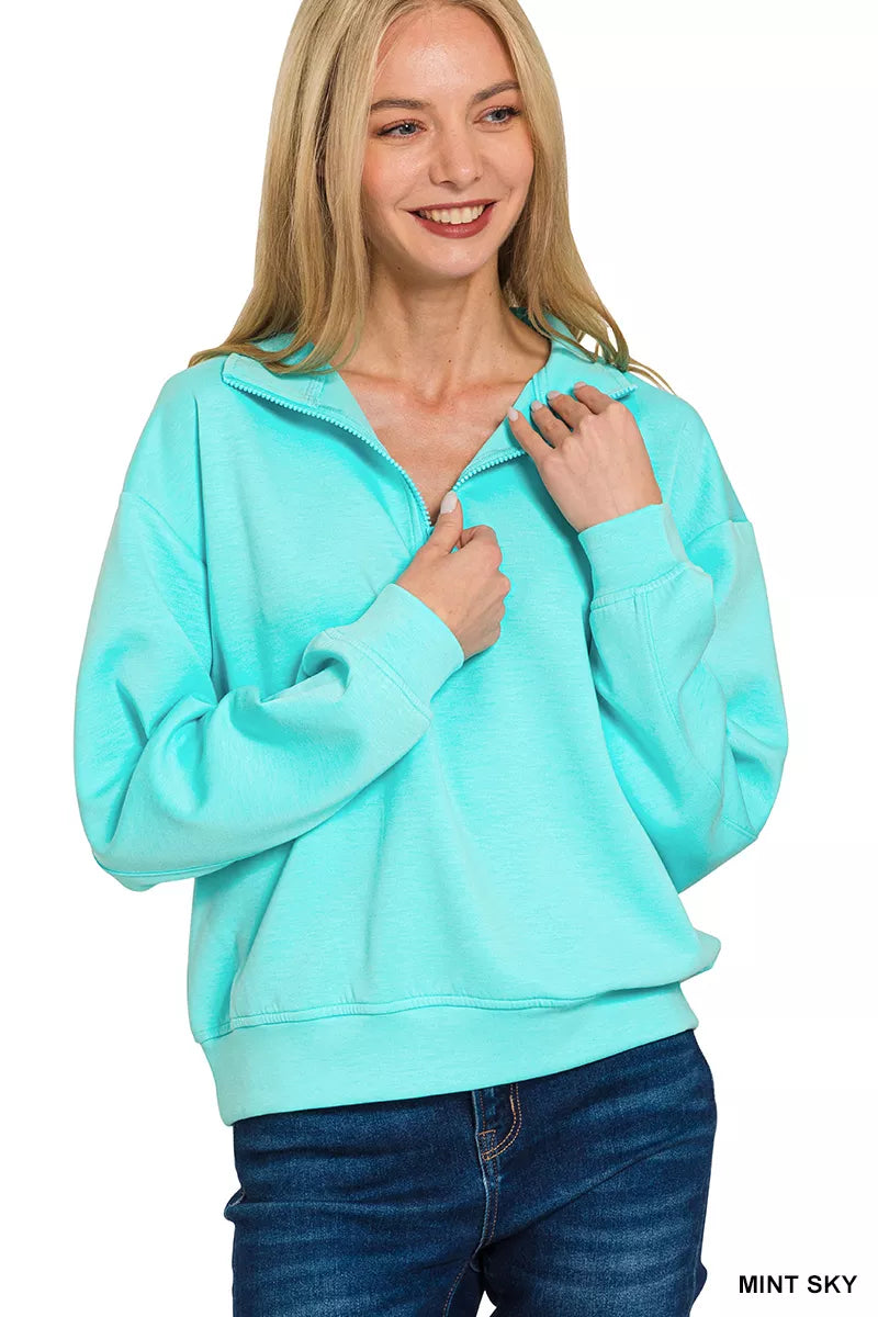 Zenana Mint Sky Scuba Half Zip Pullover Sweatshirt