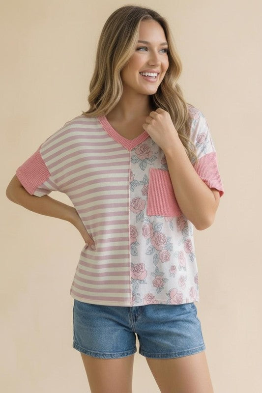 Haptics So Rosy Mixed Print V-Neck Top