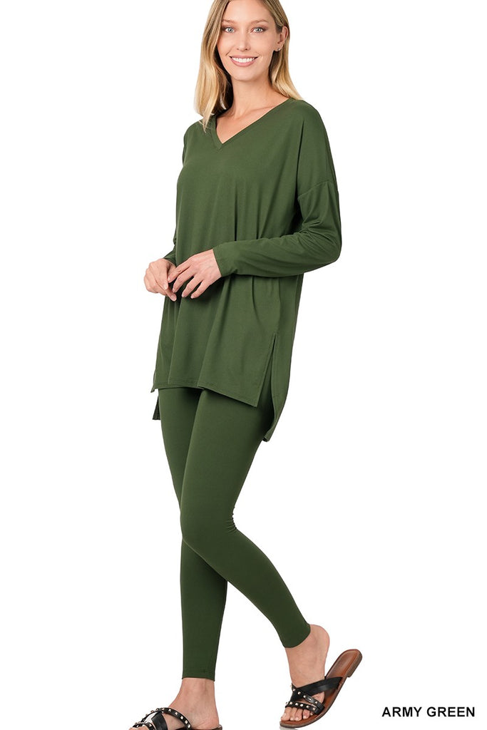Zenana Brushed DTY Microfiber V Neck Loungewear Set ARMY GREEN S ZENANA