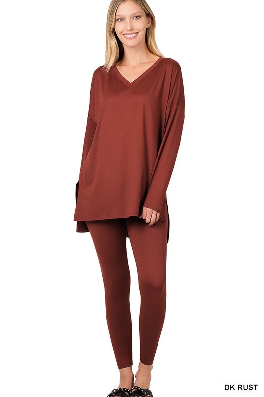 Zenana Brushed DTY Microfiber V Neck Loungewear Set DK RUST ZENANA
