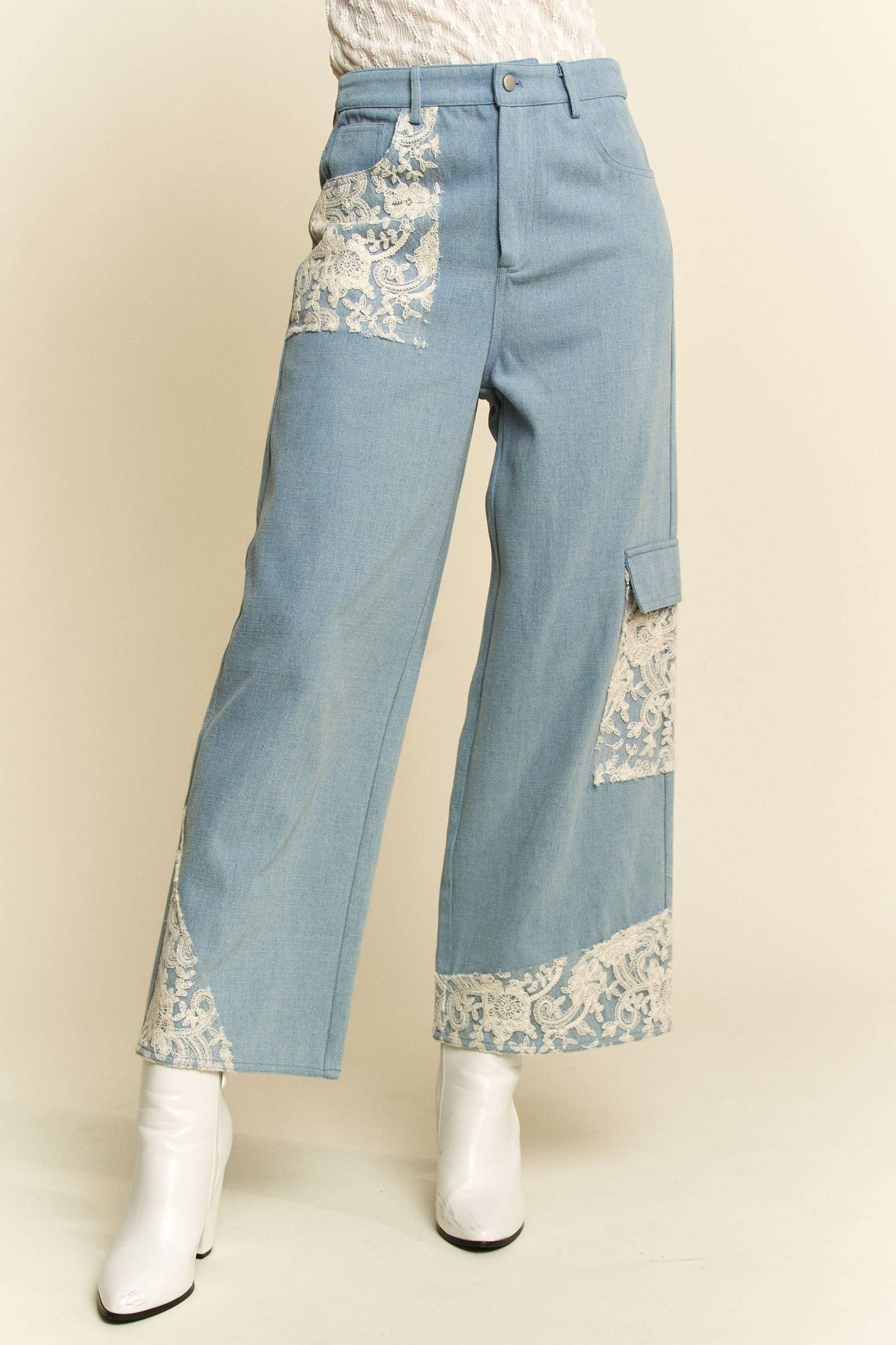 Davi & Dani Lace Applique Wide Leg Light Washed Jeans Light Pants