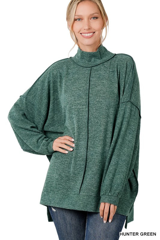 Zenana Brushed Melange Hacci Mock Neck Sweater HUNTER GREEN XS ZENANA