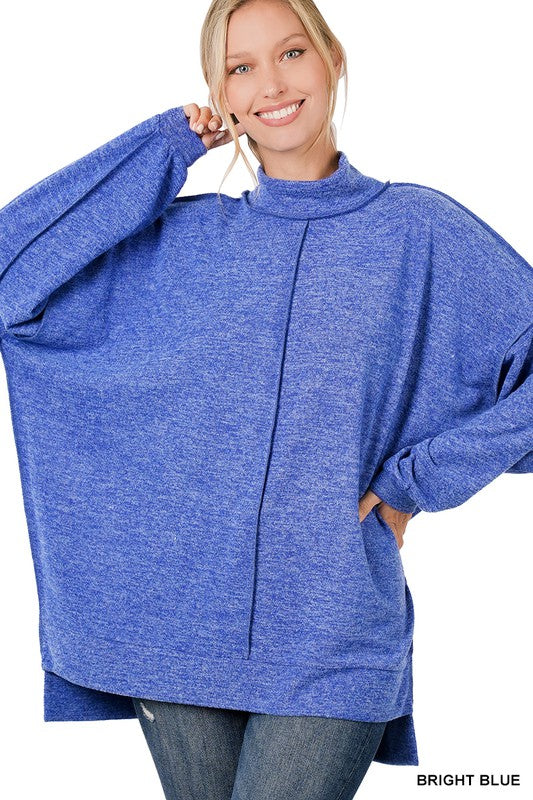Zenana Brushed Melange Hacci Mock Neck Sweater BRIGHT BLUE ZENANA