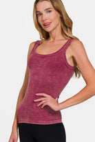 Zenana Burgundy Stone Washed Ribbed Scoop Neck Tank Top Burgundy