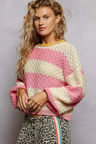 POL Pink Stripe Contrast Striped Round Neck Sweater with Textured Cable Knit Pattern