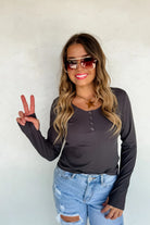 PREORDER: Blakeley Fall Brooklyn Snap Henley Top Charcoal Womens