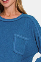 Zenana Royal Blue Contrast Stitching Brushed Ribbed Hacci Knit Top Shirts & Tops