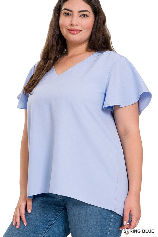 Zenana Woven Flutter Sleeve V-Neck Top SPRING BLUE ZENANA