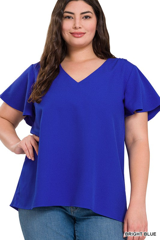 Zenana Woven Flutter Sleeve V-Neck Top BRIGHT BLUE ZENANA