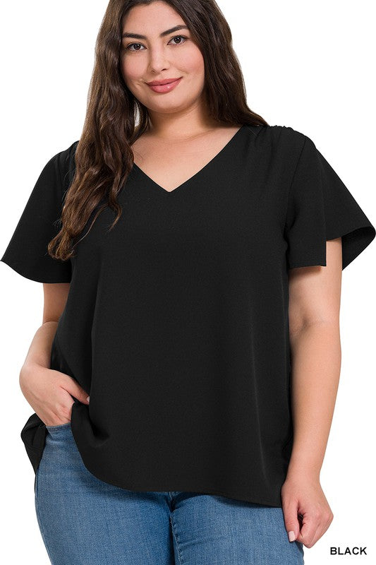 Zenana Woven Flutter Sleeve V-Neck Top BLACK ZENANA