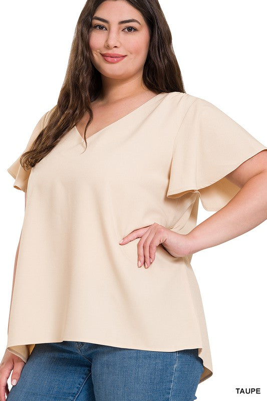 Zenana Woven Flutter Sleeve V-Neck Top TAUPE ZENANA