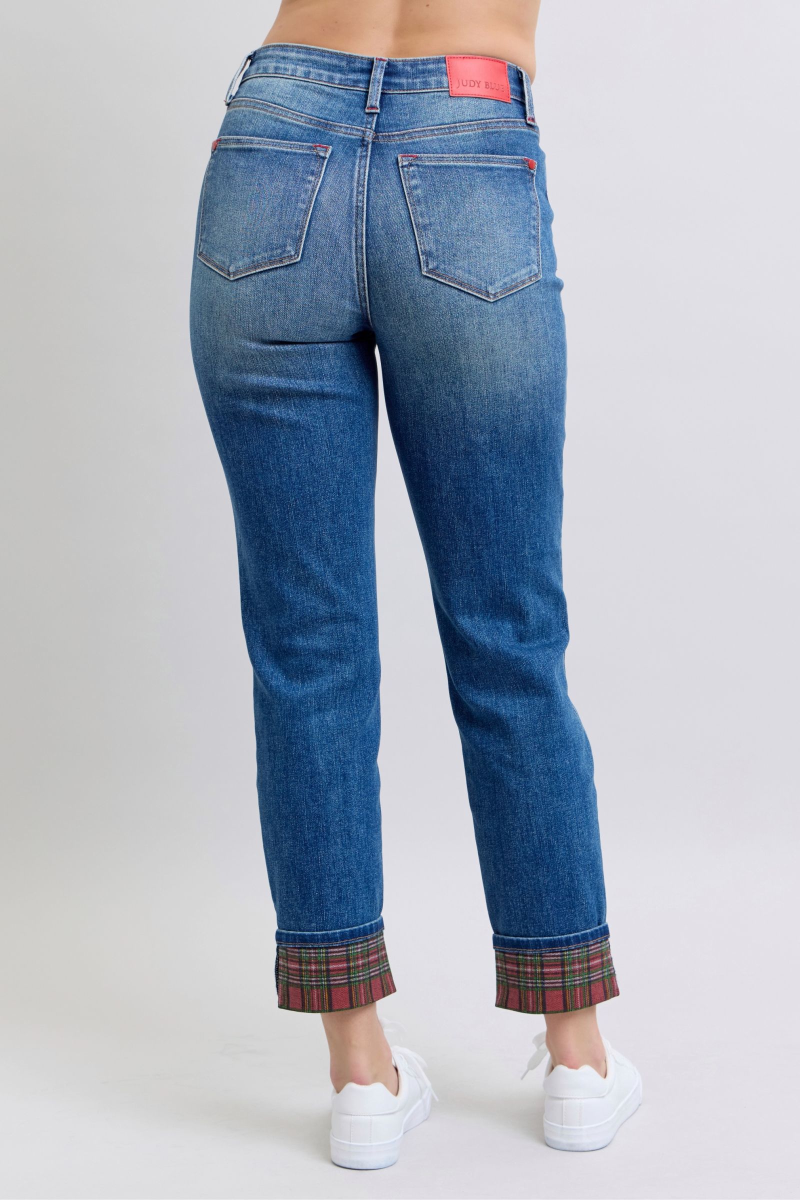 Judy Blue Plaid Print Cuff Straight Leg Mid-rise Boyfriend Jeans Jeans