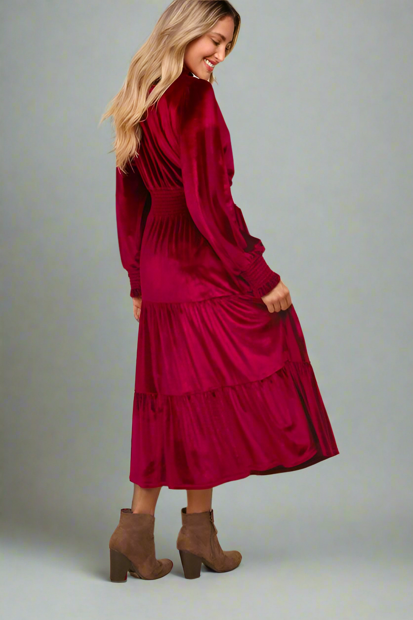 Haptics Burgundy Velvet Mock Neck Smocked Waist Dress Haptics