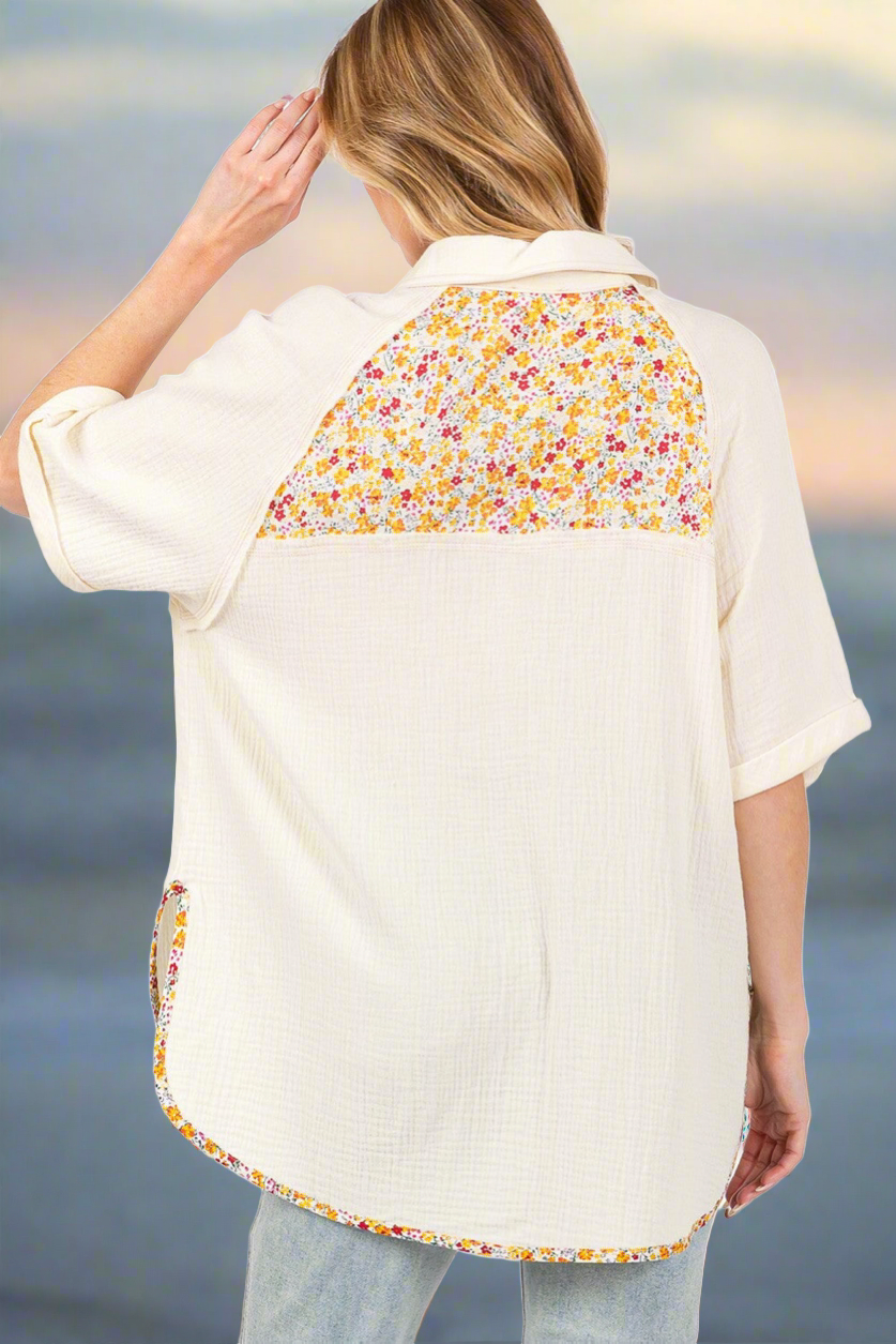 SAGE + FIG Ivory Floral Detail Button Up Short Sleeve Shirt Trendsi